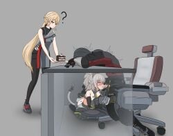 girls'_frontline girls'_frontline_2:_exilium alac groza_(girls'_frontline_2) ots-14_(girls'_frontline) peritya_(girls'_frontline_2) commander_(girls'_frontline) 2girls female male 1boy question_mark ? chair sitting desk under_desk elmo_dormitory_outfit blonde_hair long_hair clothing cake penis handjob blowjob oral oral_sex fellatio jacket pants gloves catgirl cat_tail tail cat_girl fake_animal_ears blush grey_hair heterochromia blue_eyes orange_eyes cum cum_in_mouth orgasm unaware stealth_sex stealth_fellatio