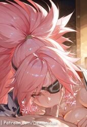 1boy 1girls ai_generated baiken big_ass big_breasts blush boobjob breasts collarbone demonicaa eyepatch female female_focus female_on_cloth female_pubic_hair guilty_gear high_ponytail highres large_breasts lips long_hair looking_at_viewer nipples nude open_mouth penis penis_in_mouth pink_eyes pink_hair pink_pubic_hair pubic_hair pussy smile solo tattoo uncensored very_long_hair