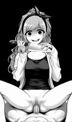 1girls ai_assisted ai_generated black_and_white clothed_sex creepy_smile dark_gathering edit edited eiko_hozuki knife long_hair monochrome riding riding_penis sex third-party_edit vaginal_penetration