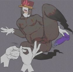 1boy anal_masturbation creepy_smile dildo disembodied_hands facial_crest fr4tch hat looking_at_viewer male mask narrator_(tds) penis roblox roblox_game robloxian self_upload smile solo tagme tower_defense_simulator