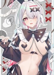 1girls au_ra black_bunny_ears breasts bunny_ears exposed_breasts female female_only final_fantasy final_fantasy_xiv maid_outfit raen red_eyes scales short_hair topless topless_female white_hair