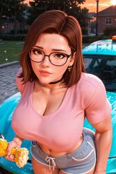 1girls 3d 3d_(artwork) ai_generated big_ass big_breasts brown_hair brunette_hair busty car_wash cassandra_(oc) crop_top glasses medium_hair milf radnsad shorts solo solo_female solo_focus thick_thighs wet_skin