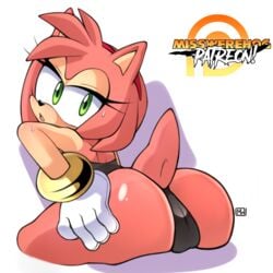 amy_rose anthro ass bent_over clothing crouching eyelashes female fur gloves green_eyes hairband half-closed_eyes hand_on_hip hedgehog looking_at_viewer looking_back mammal misswerehog one-piece_swimsuit open_mouth pink_fur presenting pussy simple_background solo sonic_(series) sweat swimsuit text