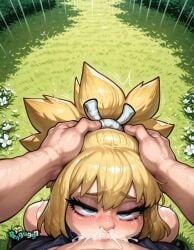 1boy 1girls ai_generated blonde_hair blue_eyes blush cum cum_in_mouth cum_in_nose deepthroat dr.stone fellatio irrumatio kohaku_(dr.stone) oral outdoors overflow pengu997 penis ponytail pov rolling_eyes shiny solo_focus straight tears