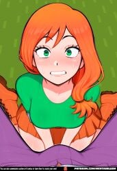 ai_generated alex alex_(minecraft) anime_hentai anime_style big_breasts blush boots cleavage confused confused_expression crying crying_with_eyes_open curvy cute_girl embarrassed embarrassed_female female freckles gamer_girl green_background green_eyes green_shirt green_top hentai hentblush huge_breasts humanization humanized kneeling kneeling_female laced_boots long_hair looking_at_viewer lost minecraft minecraft_alex minecraft_girl minecraft_hentai minecraft_porn minecraft_rule34 on_knees orange_boots orange_hair orange_skirt pleated_skirt ponytail rule34 short_skirt shy simple_background solo sweat sweatdrop tears thick_thighs thighhighs v-shaped_neckline wide_hips