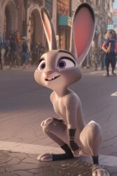 accurate_art_style ai_generated furry judy_hopps justsomebuddy outdoor_masturbation outdoor_nudity outdoors street zootopia