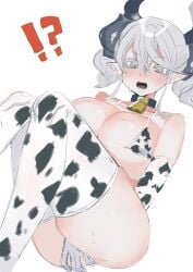 ! 1girls ? artist_request bell_collar bikini cow_bell cow_bikini cow_print demon demon_girl duel_monster female fringe huge_breasts konami labrynth_of_the_silver_castle legwear lovely_labrynth_of_the_silver_castle open_mouth pointy_ears side_view silver_eyes silver_hair sitting solo surprised teeth thighs twintails white_background younger_female yu-gi-oh!