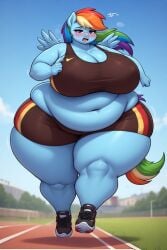 ai_generated anthro equine fat huge_breasts jogging morbidly_obese my_little_pony obese pony rainbow_dash_(mlp) running thick_thighs tired unhealthy wide_hips
