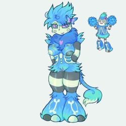 1:1 anthro big_blue_bubble blue_body breasts butterfly_clip chest_tuft feet female genitals hi_res markings multicolored_nipples my_singing_monsters nipples pinup pompom_(my_singing_monsters) pose purple_vulva rare_pompom skeleton_bodypaint solo striped_markings stripes tail theredlace toes tuft vulva
