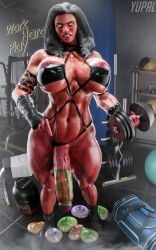 1futa 1futanari 3d 3d_(artwork) 3d_model 3d_render abs angry angry_face antiheroine balls betty_ross big_breasts big_penis black_bikini black_hair boots condom_on_penis condoms dumbbell english english_text fingerless_gloves gym looking_at_viewer marvel marvel_comics muscular muscular_futa point_of_penis protein red_body red_she-hulk red_skin red_skinned_futa ruin_condom sports_bag sweaty_body wet wet_skin yellow_eyes yupal