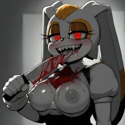 ai_generated anthro big_breasts bloody_clothes bloody_knife blush breasts_out bunny_ears bunny_girl creepy creepy_face creepy_smile dim_lighting dress exposed_breasts furry holding_knife holding_object holding_weapon horror_(theme) knife licking_knife looking_at_viewer pixai possessed possession rabbit_ears rabbit_girl red_eyes ribbon shadows sharp_teeth sonic_(series) sonic_the_hedgehog_(series) spiral_eyes up_close upper_body vanilla_the_rabbit white_gloves