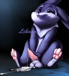 2018 after_sex blue_eyes cum cum_on_ground cum_on_penis cumshot digital_media_(artwork) ejaculation erection feral hi_res lagomorph likunea male mammal masturbation messy orgasm pawpads paws penis rabbit simple_background sitting solo spread_legs spreading tapering_penis