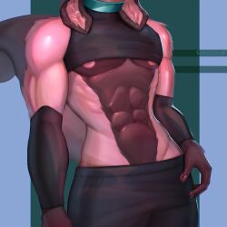 1boy abs armwear blue_collar boy brown_body brown_fur collar crop_top digital_media_(artwork) face_out_of_frame furry furry_only hybrid male male_breasts multicolored_fur muscles muscular muscular_male nipples pants pink_body pink_fur rabbit scarlet_side sexy solo tail top topwear torso