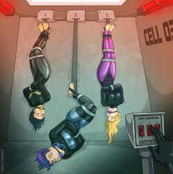 ankle_cuffs ball_gag blonde_hair bondage bound bound_ankles bound_arms bound_legs collar cuff_(restraint) cuffs female female_only femsub fully_clothed gag gagged gloves latex latex_clothing latex_gloves multiple_girls purple_hair shiny_clothes sleepystephbot straitjacket suspension suspension_bondage tight_clothing upside-down