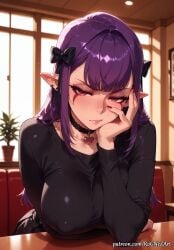 2025 ai_generated anime bangs black_bow black_choker black_shirt blush bow breasts choker cleavage closed_mouth covered_nipples crossover esil_radiru eye_contact facial_mark female female_focus flushed hairbow head_rest heart heart_choker highres huge_breasts indoors inside jewelry large_breasts long_hair long_sleeves looking_at_viewer nail_polish neutral_expression nsfw patreon patreon_username plaid_skirt plant pointy_ears purple_hair red_eyes red_nails rognezart shirt sitting skirt solo solo_leveling very_long_hair watermark window