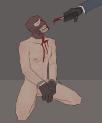 arm_hair balaclava balls bleeding blood_on_face chest_hair covering_crotch gay handcuffs injured kneeling knife leg_hair mpregjfk naked_gloves nude selfcest spy_(team_fortress_2) submissive_male team_fortress_2