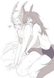 ... 2girls blush breasts closed_eyes clothed clothed_female fingering fingering_partner fingering_through_clothes heart horse horse_ears horse_girl horse_tail hugging hugging_from_behind ines_fujin_(umamusume) long_hair mejiro_ryan_(umamusume) mocam4id motion_lines on_bed roommates short_hair shorts speech_bubble sports_shorts sweat sweatdrop sweating tank_top thighs umamusume umamusume_pretty_derby yuri