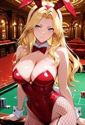 ai_generated blonde_female blonde_hair blue_eyes bunny_ears bunny_tail bunnysuit casino casino_table castlevania castlevania:_legacy_of_darkness castlevania_64 female fishnet_pantyhose large_breasts leotard long_hair pale_skin pale_skinned_female parted_bangs red_leotard rosa_(castlevania_64)