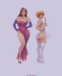 2girls armwear ass back_view big_ass big_breasts blonde-haired_female blonde_female blonde_hair blonde_hair_female blue_eyes boots brown-haired_female brown_hair brunette-haired_female brunette_female brunette_hair caucasian_female cosplay elbow_gloves fat_ass female_only gloves high_heel_boots high_heeled_boots high_heels holli_would holli_would_(cosplay) janice_hanson jessica_rabbit jessica_rabbit_(cosplay) kelly_swanson large_ass long_hair looking_at_viewer looking_back melkor_mancin multiple_females multiple_girls posing posing_for_the_viewer red_dress seductive_expression seductive_eyes seductive_gaze seductive_look seductive_pose see-through see-through_clothes see-through_clothing see-through_dress short_hair small_breasts smoking smoking_cigarette the_naughty_in_law thigh_boots white_boots white_dress