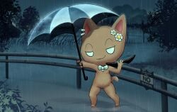 billmurray blush bodily_fluids bow_ribbon chibi clothing coat detailed_background domestic_cat ear_piercing eyewear felid feline felis female flower_on_head gauged_ear hi_res jubbi lily_(jubbimafu) mammal nude parasol piercing public public_nudity raining solo sunglasses sweat topwear translucent umbrella