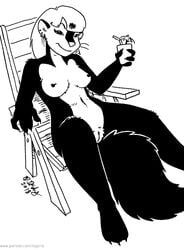 2018 anthro black_and_white breasts chair ear_piercing female half-closed_eyes kelly_o'dor lounge_chair mammal monochrome navel nipples nude piercing pussy sitting skunk smile solo tegerio whiskers zandar's_saga