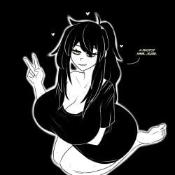 1girls big_breasts black_background black_hair black_shirt breasts cleavage clothing dress_shirt english english_text feet female female_only green_eyes hair heart mature mature_female mature_woman milf mother on_knees peace_sign pose posing renee_graves shirt smile solo solo_female sweat sweatdrop sweaty text the_coffin_of_andy_and_leyley tied_hair truelordpotato