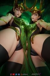 2girls 3d big_breasts black_hair breasts female female_only forceballfx genderswap genderswap_(mtf) green_eyes huge_breasts lady_loki lady_loki_(marvel_rivals) light-skinned_female light_skin loki_(marvel) loki_(marvel_rivals) long_hair looking_at_viewer low-angle_view marvel marvel_comics marvel_rivals rule_63 thor_(series) watermark