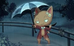 anthro billmurray blush bodily_fluids bow_ribbon chibi clothing coat detailed_background domestic_cat ear_piercing eyewear felid feline felis female flower_on_head gauged_ear hi_res jubbi lily_(jubbimafu) mammal nude parasol piercing public public_nudity raincoat raining solo sunglasses sweat topwear translucent translucent_clothing umbrella