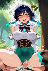 1boy 1girls ai_generated belliora black_hair blush braid braids breasts clenched_teeth crown duo earrings female female_on_cloth female_on_top genderswap_(mtf) genshin_impact grabbing_another's_hair gradient_hair green_eyes interracial jewelry large_breasts light-skinned_male light_skin looking_at_viewer male multicolored_hair nipples open_mouth outdoors penis penis_in_pussy rule_63 sex sex_from_behind straight sweat twin_braids venti_(genshin_impact)