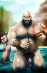 age_difference atreus bald beard duo father_and_son flaccid gay human kratos loki_(god_of_war) male_only nude penis pubes tagme water young zombiehk