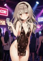 ai_assisted ai_generated arm_up bare_shoulders blush breasts cleavage collarbone condom crowded hair_ribbon highres holding_condom indoors long_hair looking_at_viewer medium_breasts nightclub red_eyes sex_invitation slingshot_dress standing sweaty thighs third-party_edit weri white_hair