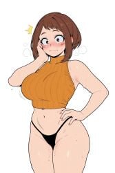 big_breasts blush brown-haired_female brown_hair embarrassed kawaiiaiarts my_hero_academia ochako_uraraka pussy_juice simple_background sweat tagme thong