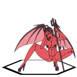 caffeinated-captain-creator demoness naked pierced_clitoris pierced_nipples piercings squatting succubus trident wings