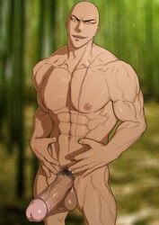 1boy abs bald big_balls big_penis bleach erection glans hydaria madarame_ikkaku makeup male male_nipples male_only muscular muscular_male navel nipples nude pecs penis pubes scar smiling solo stiffy testicles v-line veiny_penis