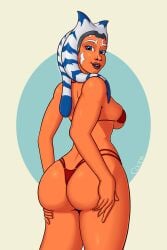 ahsoka_tano alien artist_name ass ass_grab ass_support bikini blue_eyes breasts brown_lips clothing colored_skin cowboy_shot elfo42xd facial_tattoo female from_behind grabbing_own_ass grey_hair lips looking_at_viewer looking_back medium_breasts micro_bikini orange_skin purple_lips red_bikini sideboob simple_background solo star_wars swimsuit tentacle_hair thick_thighs thighs thong_bikini togruta underboob
