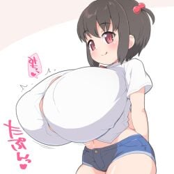 :q arms_behind_back blue_shorts breasts brown_eyes brown_hair bursting_breasts button_gap female gigantic_breasts hair_bobbles hair_ornament original shirogane_hakuba shirt short_hair short_shorts shorts small_but_busty solo tongue tongue_out two_side_up undersized_clothes white_shirt