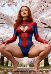 actress ai_generated aiomnia barefoot breasts celebrity cosplay female female_only from_below leotard marvel outdoors realistic red_hair sadie_sink seductive_look spider-girl spider-woman spread_legs squatting tagme viewed_from_below