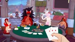 big_breasts big_bulge black_hair bulge bulge_under_clothes burger cat_ears catboy dark-skinned_female femboy fox_girl fox_tail hiderlink20 hoodie hoodie_only koikatsu larger_female moruke_omura_(character) multicolored_hair panties pink_hair poker_table pov red_hair sprite_(soda) strip_poker user_interface