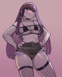 angry_expression big_thighs bikini_top blush breasts cute cute_face female female_focus female_only fern_(sousou_no_frieren) fishnet_topwear fishnets goth goth_girl gothic hands_on_hips jean_shorts medium_breasts nico-mo purple_eyes purple_hair revealing revealing_clothes sexy sexy_body sexy_clothing short short_shorts skimpy skimpy_clothes solo solo_female solo_focus sousou_no_frieren thick_thighs thong_straps wide_hips wide_thighs