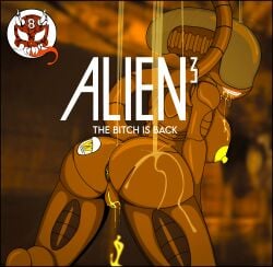 8ball9615 alien_(franchise) alien_girl alien_humanoid all_fours big_ass big_breasts biomechanical brown_body green_nipples monster_girl movie_poster parody pussy_juice pussy_juice_drip red_lips saliva tail wet_body xenomorph