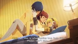1boy2girls aigis_(persona) bed bedroom blue_eyes blue_hair hidden_penetration implied_kiss kotone_shiomi makoto_yuki persona persona_3 persona_3_portable red_eyes red_hair robot_girl text threesome yellow_hair