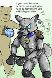 2018 anthro balls blue_collar bodysuit bondage bound canine chastity chastity_cage clothing collar dialogue duo ear_tag english_text feline fur gag gagged hi_res male mammal mask mittens muzzle_(object) muzzled name_tag nozzle ocelot open_mouth open_mouth_gag petplay puppyplay ring_gag roleplay rubber sheogarth shiny simple_background snickersthecat solo_focus spiral story story_in_description sweat text tight_clothing visor yaoi