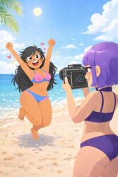 ai_generated armpits beach bellybutton bikini brown_body brown_skin choker cute dark-skinned_female dark_hair dark_skin duolingo goth goth_girl lily_(duolingo) smile yuri zari_(duolingo)