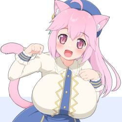 :d animal_ears blue_hat blue_skirt blush borrowed_character breasts cat_ears cat_girl cat_tail female hat large_breasts long_hair open_mouth original paw_pose pink_eyes pink_hair shirogane_hakuba shirt skirt smile solo tail white_background white_shirt