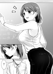 1boy ass big_breasts blouse blush bra_peek female ikari_manatsu older_female older_woman_and_younger_boy original original_character pencil_skirt skirt sleeveless_shirt teacher teacher_and_student tight_clothes tight_skirt