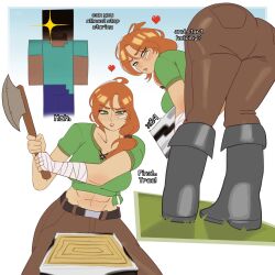 1boy 1girls abs absurd_res ahoge alex_(minecraft) annoyed annoyed_expression ass axe bandages bandaid bandaid_on_face belt big_ass blush breasts brown_belt brown_pants caught_in_the_act caught_staring dialogue english_text female green_eyes green_shirt hair_over_shoulder large_breasts long_hair male minecraft pants shirt speech_bubble spicyramen_(ramieramen1) staring_at_ass steve_(minecraft) thick_thighs thighs weapon