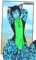 1boy anthro beach clothed clothing crossdressing eyewear feline furry girly glasses hybrid leopard male male_only mammal nerd one-piece_swimsuit rash_almose seaside solo swimsuit yourfurryotaku