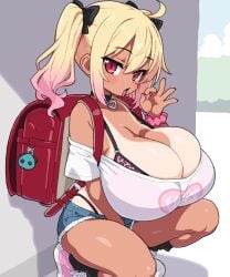 animal_print backpack bag blonde_hair bra breasts cleavage denim denim_shorts fellatio_gesture female gradient_hair gyaru highleg highleg_panties huge_breasts leopard_print looking_at_viewer multicolored_hair original outdoors panties pink_hair pink_shoes randoseru red_eyes shirogane_hakuba shirt shoes short_shorts shorts small_but_busty solo squatting tan tanlines twintails underwear white_shirt