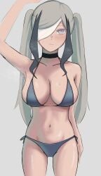1girls arm_at_side arm_up bikini black_choker black_hair breasts choker closed_mouth collarbone colored_eyelashes facing_viewer grey_bikini grey_eyes large_breasts long_hair multicolored_hair mv_character navel nira-chan one_eye_covered side-tie_bikini side-tie_bikini_bottom sidelocks solo stomach sweat swimsuit twintails two-tone_hair zutomayo