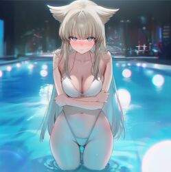 1girls ai_generated animal_ears arknights arknights:_endfield bikini blonde_hair blush cold crossed_arms highleg_panties long_hair looking_at_viewer partially_submerged perlica_(arknights) pool shy thick_thighs water wide_hips